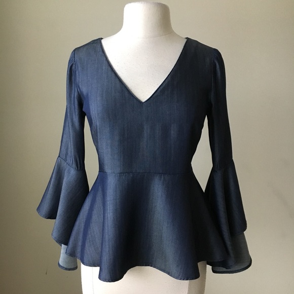 denim chambray bell sleeves empire blouse top - Picture 3 of 4